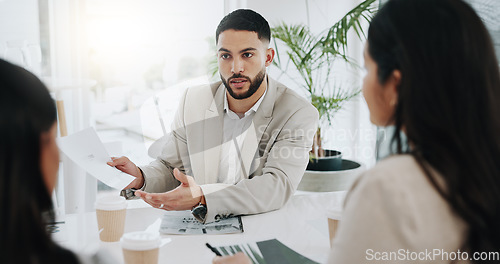 Image of Business people, document and a team talking in meeting for corporate planning, report and collaboration. Man and women at a table in office for discussion, reading paperwork or strategy and proposal