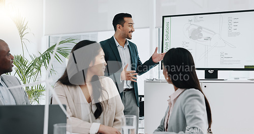 Image of Business man, windmill and screen with speech in office for innovation, energy or sustainable future. Engineering consultant, leader and team for brainstorming, wind power and electricity on monitor