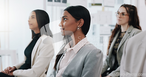 Image of Business people, meeting and listening to presentation at conference, seminar or speaker at office. Group of employees or audience in staff training workshop, team convention or coaching at workplace