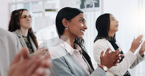 Image of Happy business people, applause and meeting in presentation, conference or team workshop at office. Group clapping in thank you for staff training, celebration or teamwork together at workplace