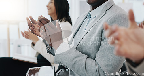 Image of Business people, hands and applause in meeting presentation, conference or team workshop at office. Group clapping in thank you for staff training, celebration or teamwork together at workplace