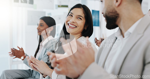 Image of Happy business people, applause and meeting in presentation, conference or team workshop at office. Excited group clapping and smile in staff training, celebration or promotion together at workplace