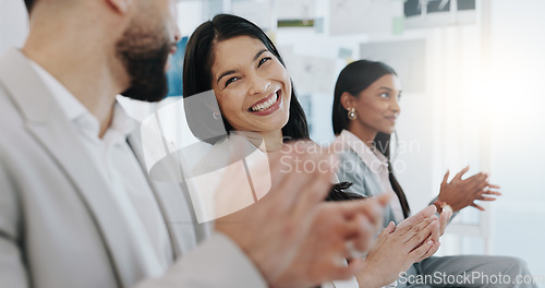 Image of Happy business people, applause and meeting in presentation, conference or team workshop at office. Excited group clapping and smile in staff training, celebration or promotion together at workplace
