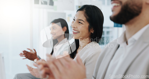 Image of Happy business people, applause and meeting in presentation, conference or team workshop at office. Excited group clapping and smile in staff training, celebration or promotion together at workplace