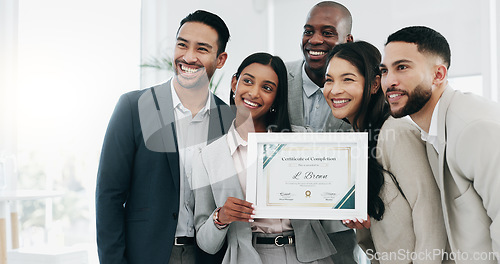 Image of Business people, woman and certificate in office, presentation or teamwork for performance, goal or success. African CEO, happy employee group and diploma for achievement, thanks or award at workshop