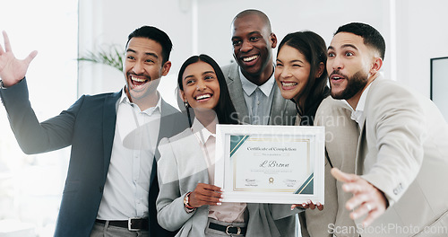 Image of Business people, woman and certificate in office, presentation or teamwork for performance, goal or success. African CEO, happy employee group and diploma for achievement, thanks or award at workshop