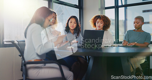 Image of Laptop, research or startup programmer women team for writing idea, app coding or data analysis in office. Hacker, developer or business meeting on tech for software, programming or analytics review.