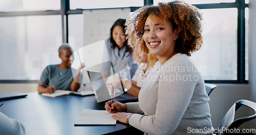 Image of Planning, meeting and portrait of a woman with notes for a project, strategy and agenda with a team. Smile, success and corporate secretary writing in a notebook during a workplace discussion at work