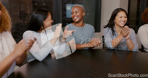 Image of Clapping, applause and diversity people in meeting celebration, success and agreement in business conference. Happy employees, asian and black women in seminar, group circle or team celebrate winning