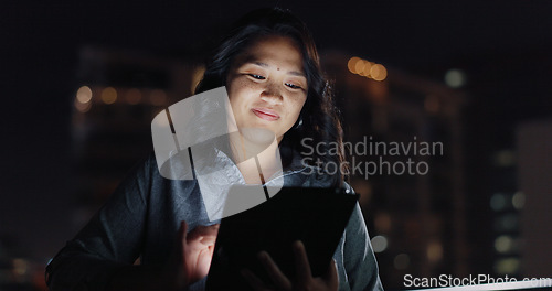 Image of Night balcony, tablet or city woman typing social network feedback, customer experience or e commerce. Brand monitoring data, website research or Asian media worker analysis of online survey review