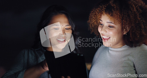 Image of Tablet, night balcony and diversity women review social network feedback, customer experience or web ecommerce. Brand monitoring data, teamwork and media team collaboration on online survey analysis