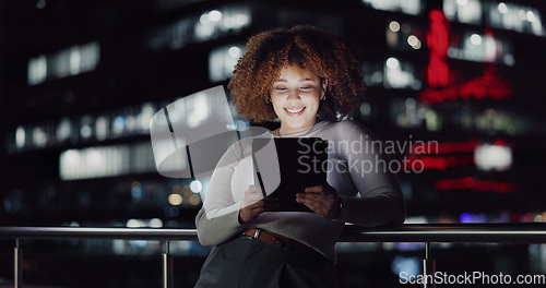Image of Tablet, night balcony and relax woman reading positive social network feedback, customer experience or ecommerce. Brand monitoring data, review or African media worker doing analysis of online survey