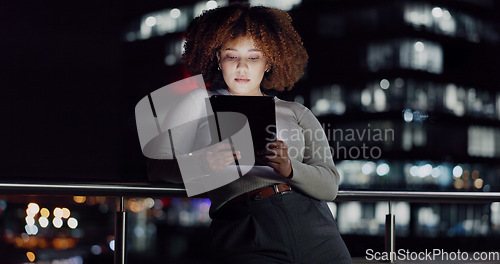 Image of Tablet, night balcony and relax woman reading positive social network feedback, customer experience or ecommerce. Brand monitoring data, review or African media worker doing analysis of online survey