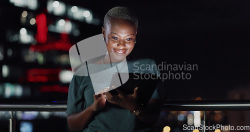 Image of Tablet, night balcony or laughing woman reading funny social network feedback, customer experience or ecommerce. Brand monitoring data, website info or African media worker doing online survey review