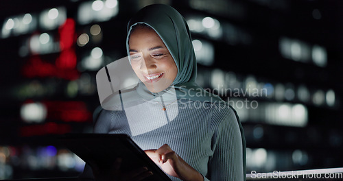 Image of Tablet, night smile or happy woman on balcony reading social network review, customer experience feedback or ecommerce. Brand monitoring data, Islamic or Muslim media worker analysis of online survey