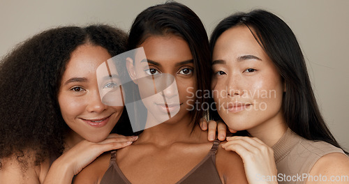 Image of Women, underwear and beauty of diversity friends in studio for portrait, inclusion or wellness. Model people hug on neutral background as different body care, skin glow or natural cosmetic comparison