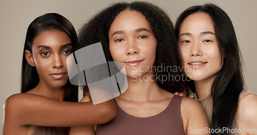 Image of Diversity, beauty and face of women in studio for empowerment, wellness and skincare. Inclusion, friends and portrait of group of people for dermatology, natural skin and support on brown background