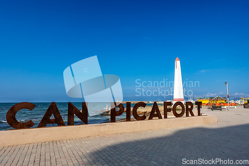 Image of Signpost on promenade. Can Picafort Beach. Balearic Islands Mallorca Spain.