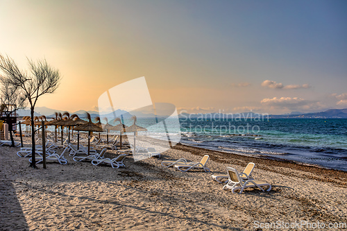 Image of Can Picafort Beach with straw umbrellas and sun loungers, Can Picafort, Balearic Islands Mallorca Spain.