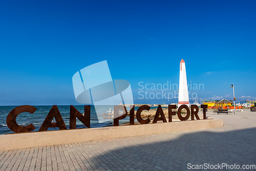 Image of Signpost on promenade. Can Picafort Beach. Balearic Islands Mallorca Spain.