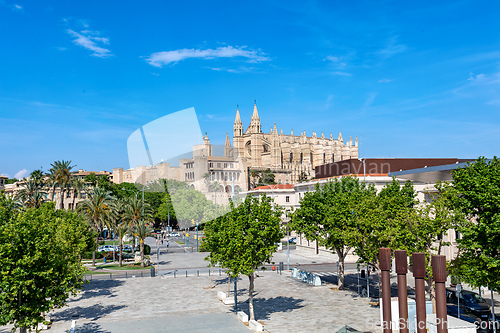 Image of Gothic medieval cathedral La Seu and Royal Palace of La Almudaina. Palma de Mallorca. Balearic Islands Spain.