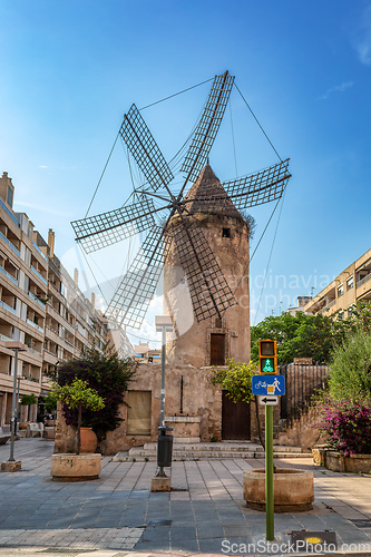 Image of Palma de Majorca windmills, wind mill in Palma de Mallorca, Balearic Islands Mallorca Spain.