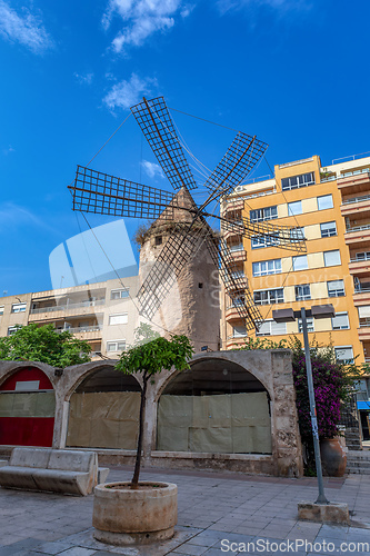 Image of Palma de Majorca windmills, wind mill in Palma de Mallorca, Balearic Islands Mallorca Spain.