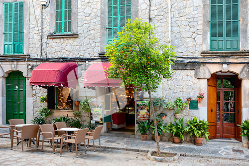 Image of Narrow streets in historic center of town of Valldemossa, Balearic Islands Mallorca Spain.