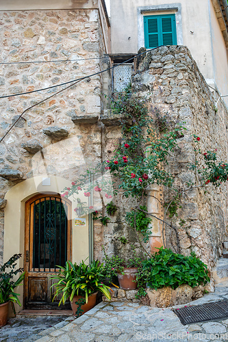 Image of Narrow streets in historic center of town of Valldemossa, Balearic Islands Mallorca Spain.