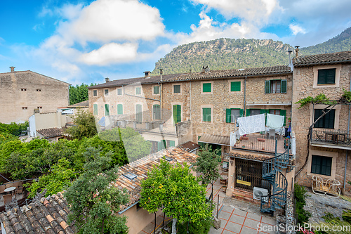 Image of Narrow streets in historic center of town of Valldemossa, Balearic Islands Mallorca Spain.