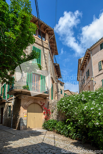 Image of Narrow streets in historic center of town of Valldemossa, Balearic Islands Mallorca Spain.