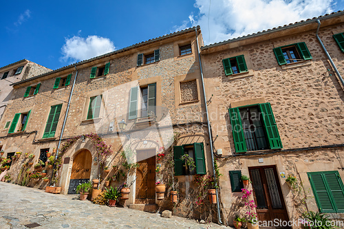 Image of Narrow streets in historic center of town of Valldemossa, Balearic Islands Mallorca Spain.