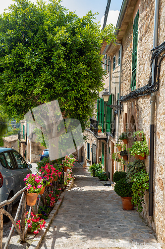 Image of Narrow streets in historic center of town of Valldemossa, Balearic Islands Mallorca Spain.