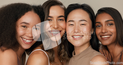 Image of Skincare group, face or women smile for anti aging cosmetics, beauty glow and spa wellness support. Equality, cosmetology closeup or diversity portrait of unique friends together on studio background