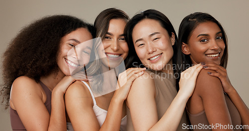 Image of Diversity face, beauty group and happy women with natural cosmetics, facial skincare glow and studio self care. Woman empowerment, makeup and equality portrait of model friends on grey background