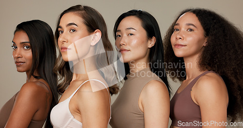 Image of Women, friends and skin care, beauty or cosmetics vision, idea or thinking of diversity on brown studio background. Group of people together for skincare health, dermatology inclusion and foundation