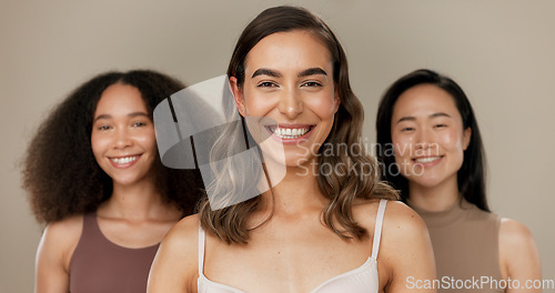 Image of Beauty, diversity group and woman smile for facial cosmetics, self care wellness or dermatology makeup. Women empowerment, unique and happy portrait of model friends together on studio background
