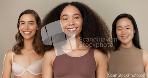 Image of Diversity, beauty and women, portrait and dermatology with wellness, skincare and glow on studio background. Different skin, unique and inclusion with model group in a studio, cosmetics and face