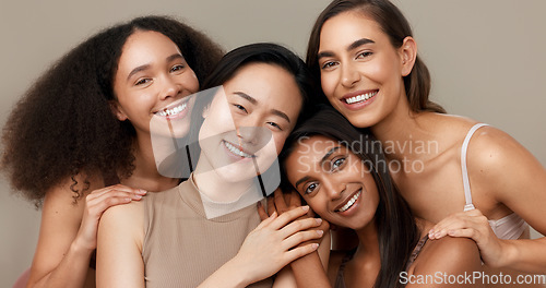 Image of Women, portrait and beauty, diversity and happy with wellness, dermatology and friends isolated on studio background. Unique skin, natural cosmetics and inclusion with skincare, smile and antiaging