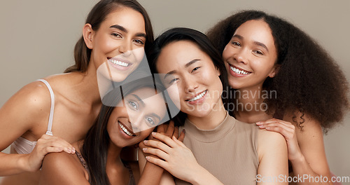 Image of Women, portrait and beauty, diversity and happy with wellness, dermatology and friends isolated on studio background. Unique skin, natural cosmetics and inclusion with skincare, smile and antiaging