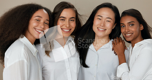 Image of Women, friends and diversity for, skincare, face beauty and cosmetics inclusion, support and love on studio background. Happy people, together and hug for group health, natural dermatology and care