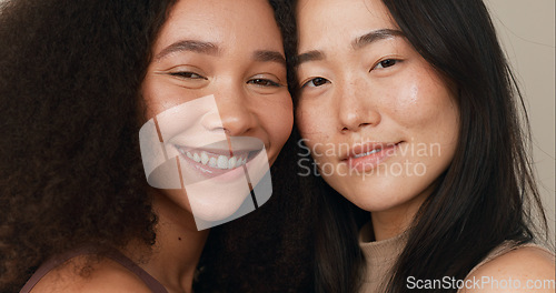 Image of Beauty, skin and portrait of women friends in studio for diversity, inclusion and wellness. Face of happy people on neutral background for different facial care, dermatology glow or natural cosmetics