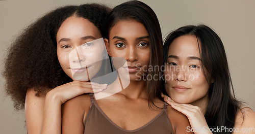 Image of Face, beauty and portrait of women friends in studio for diversity, inclusion or wellness. Model people on neutral background for different skin, facial care and dermatology glow or natural cosmetics
