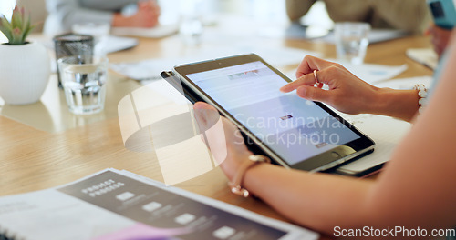 Image of Business hands, screen and tablet for meeting, project proposal and website launch and software review. Professional person scroll on digital technology of ui or ux design feedback, FAQ or newsletter