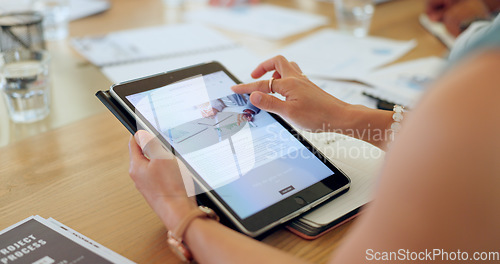 Image of Woman, hands and tablet in research on stock market, marketing or financial analysis on office desk. Closeup of female person or employee on technology for online search, finance strategy or exchange