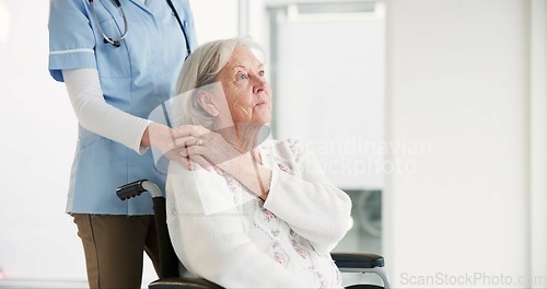 Image of Nurse, elderly woman and wheelchair for holding hands, care and thinking in rehabilitation at clinic. Medic, senior person with disability and mobility for empathy, kindness and respect with vision