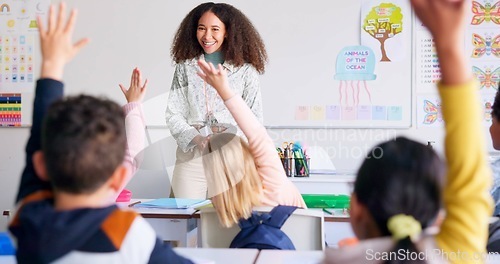 Image of Help, question and teacher with students in classroom for learning, discussion and knowledge. Education, studying and hands raised with children and woman at school for why, scholarship and answer