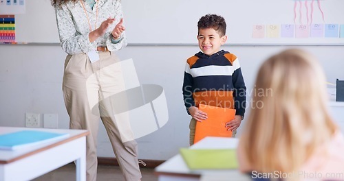 Image of Class, presentation and child speaker with applause and cheering in classroom at school. Young kid, education and oral reading of project with a student and teacher with children group in discussion