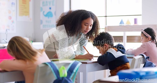 Image of Help, teacher and woman in a classroom, children and education with studying, lessons and knowledge. Person, educator and students writing, learning and kids with answers, explain test and advice