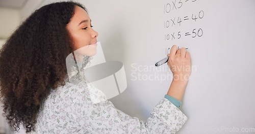 Image of Teacher woman, writing and board for mathematics, study and question for education career with presentation. Female, classroom and learning expert with pen, problem or talking to students at school